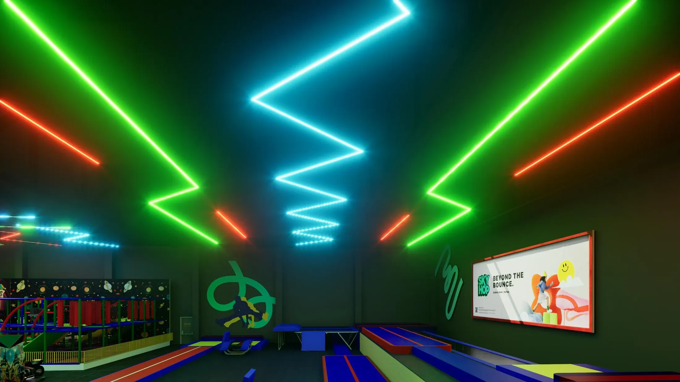 Colourful angular ceiling lights over the trampoline area