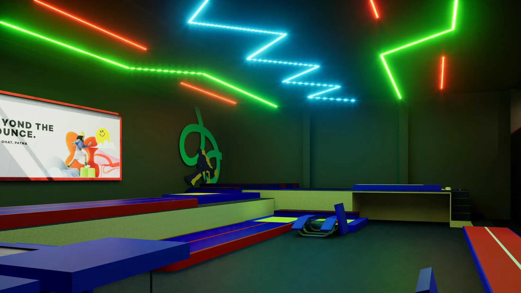 Trampoline surfaces and padded edges within a colourful activity zone