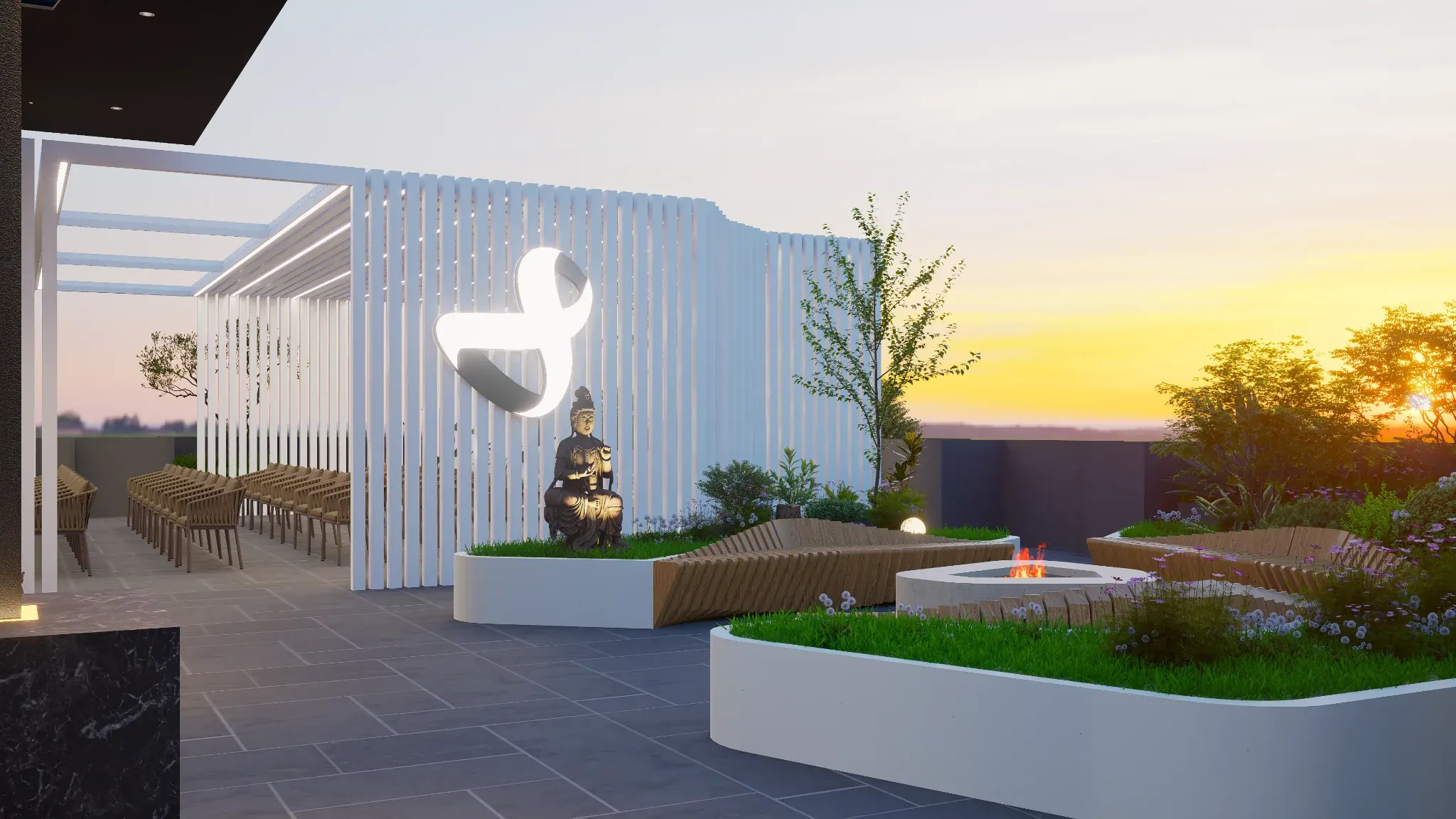 Terrace with a planted seating area, small water feature and screened pavilion at sunset