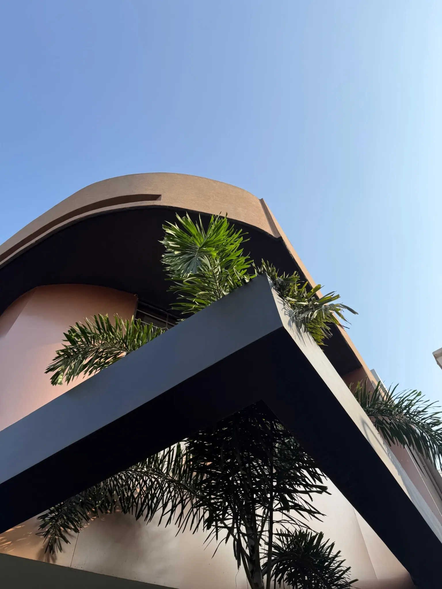 Upward photograph of Unnati’s curved roof edge, warm facade and planted balcony