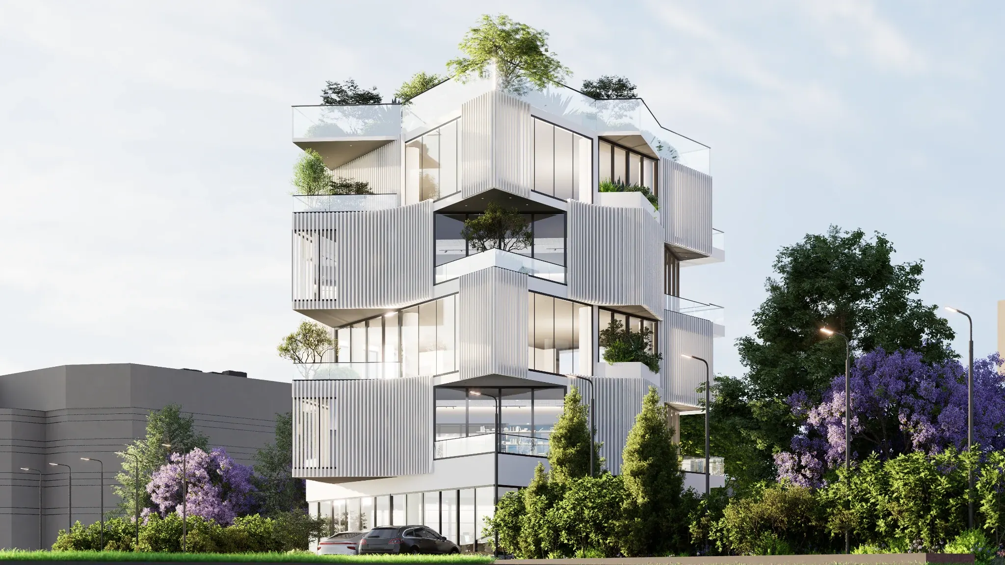 Corner perspective showing interlocking white volumes, recessed terraces and trees